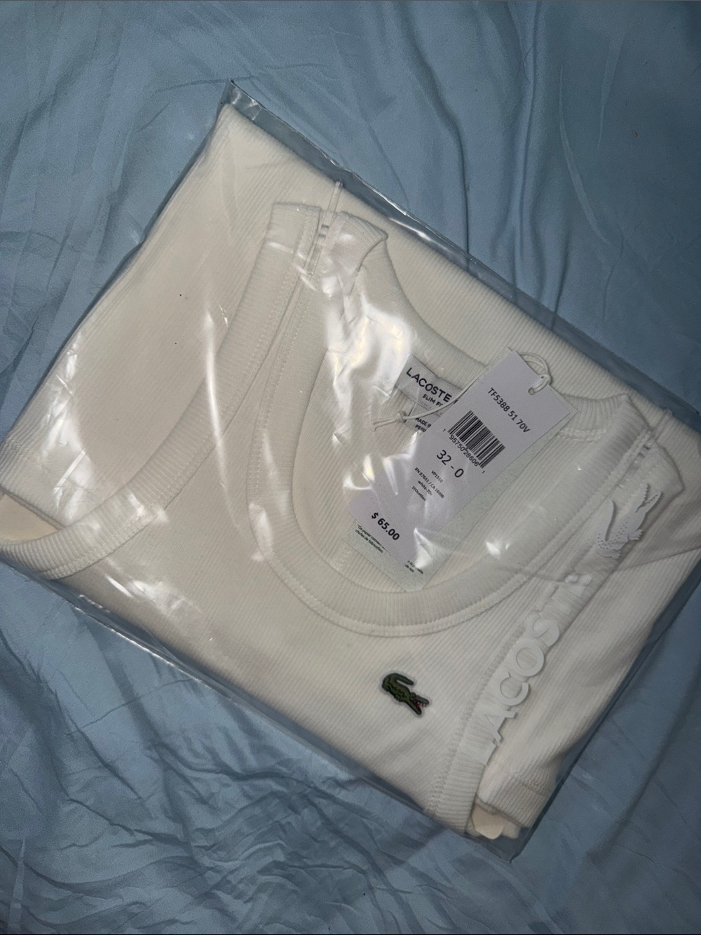 Lacoste White Ribbed Tank with Green Crocodile Patch
